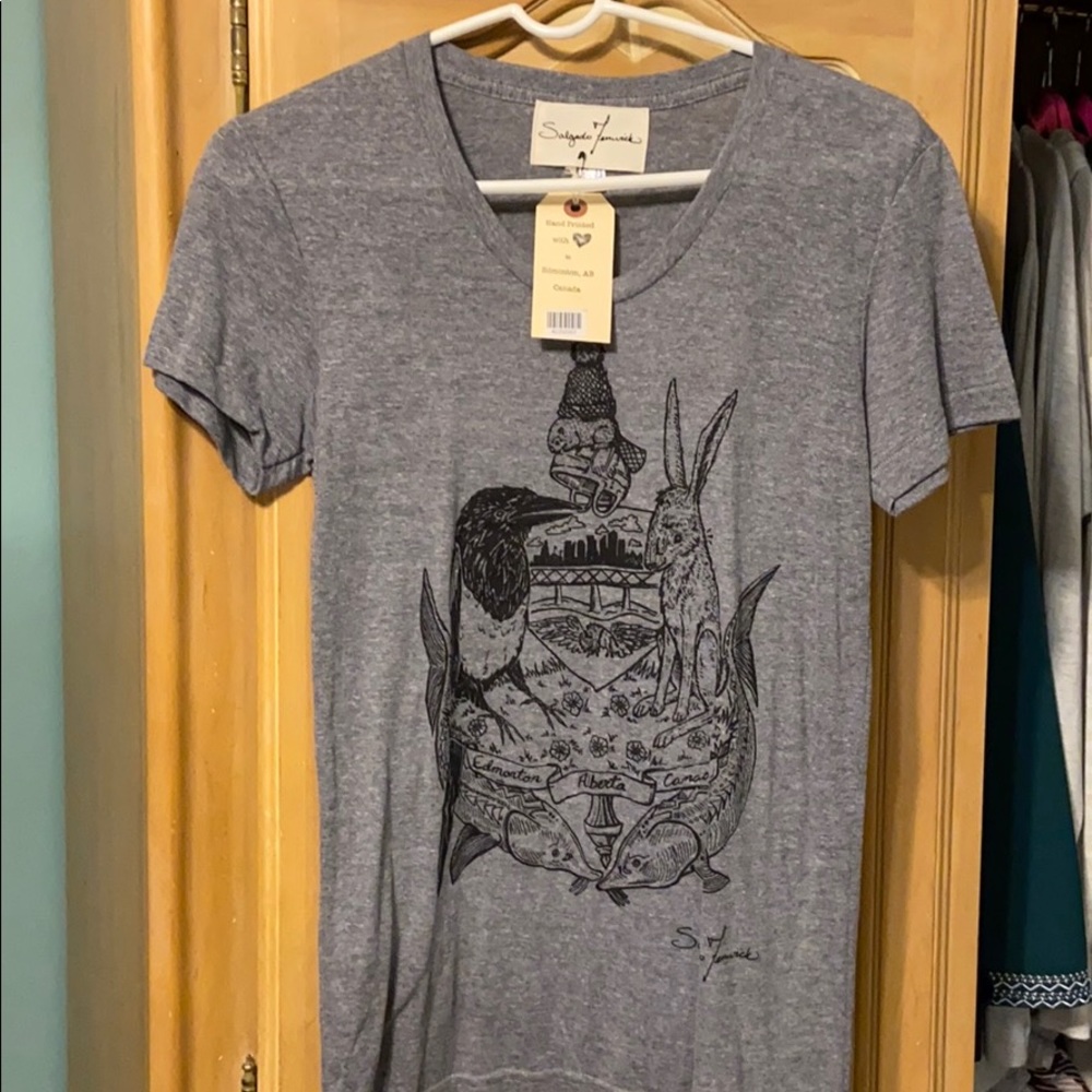 Salgado Fenwick hand-printed tee. Marked L runs S